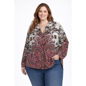 JM Collection Chic Boho Paisley Button-Front Blouse XL